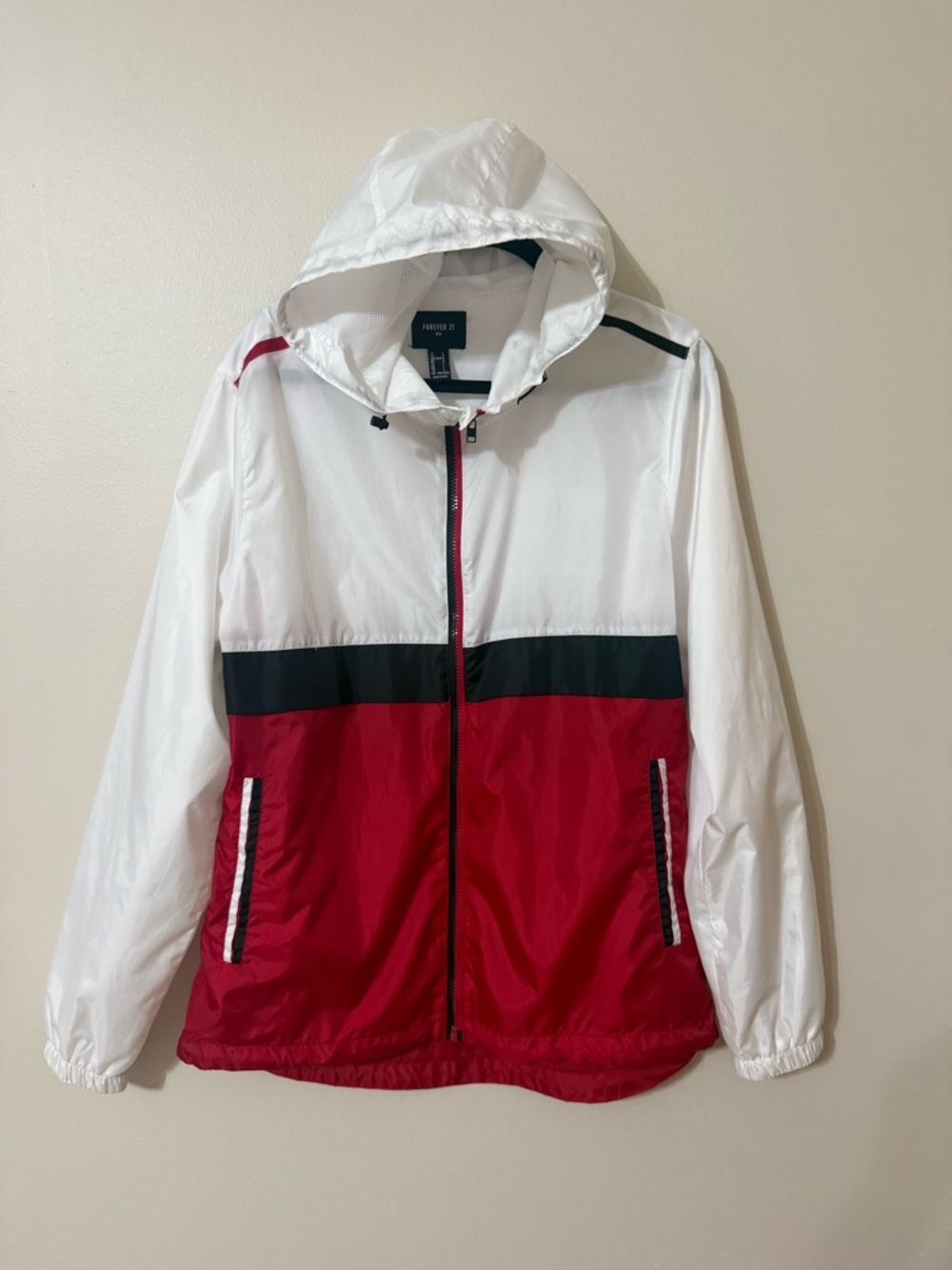 Forever 21 Men’s Windbreaker Jacket - Red White Black - Size Large - Hoodie EUC